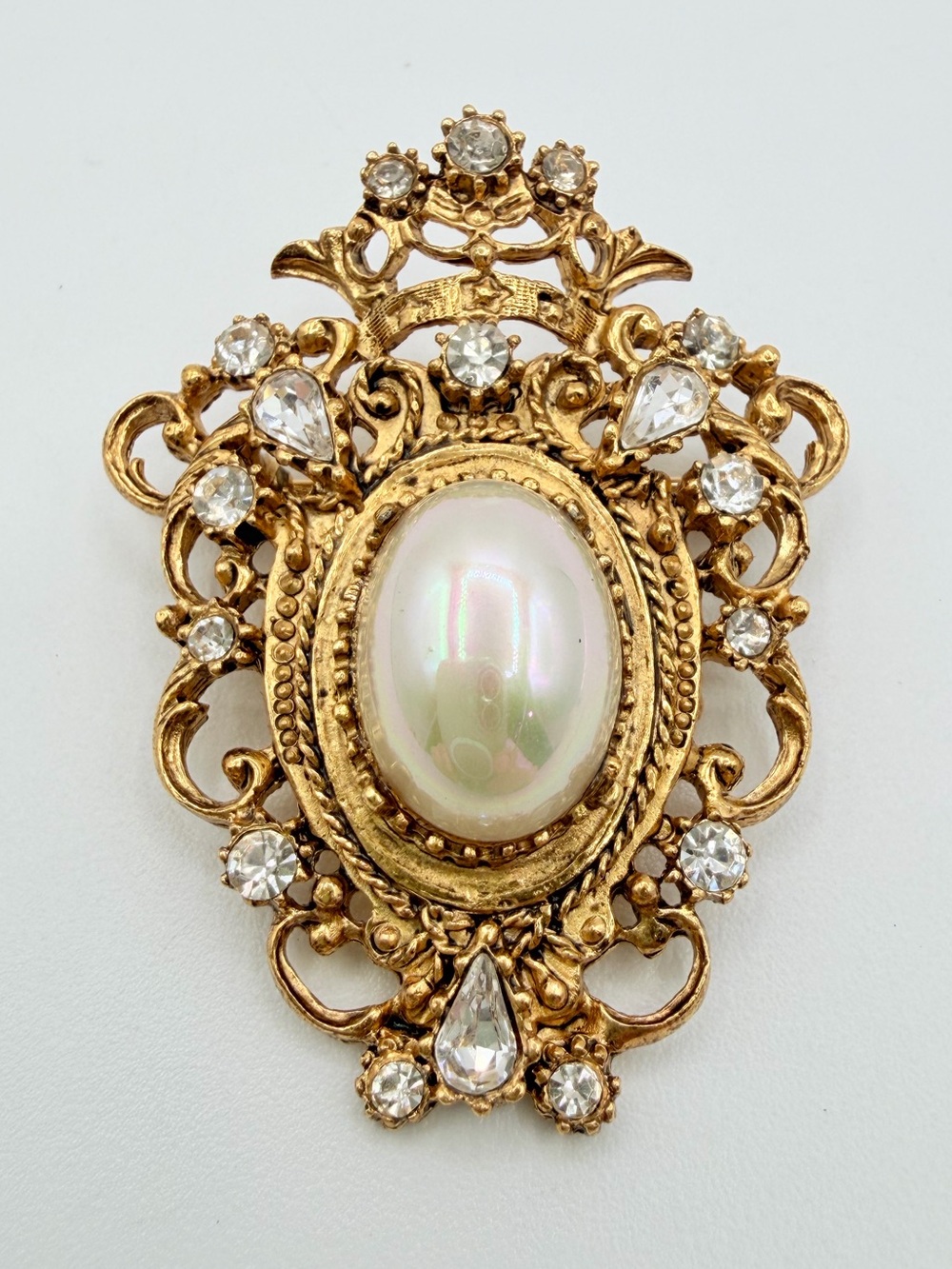 Vintage Ornate Gold-Tone Faux Pearl Rhinestone Brooch Pin